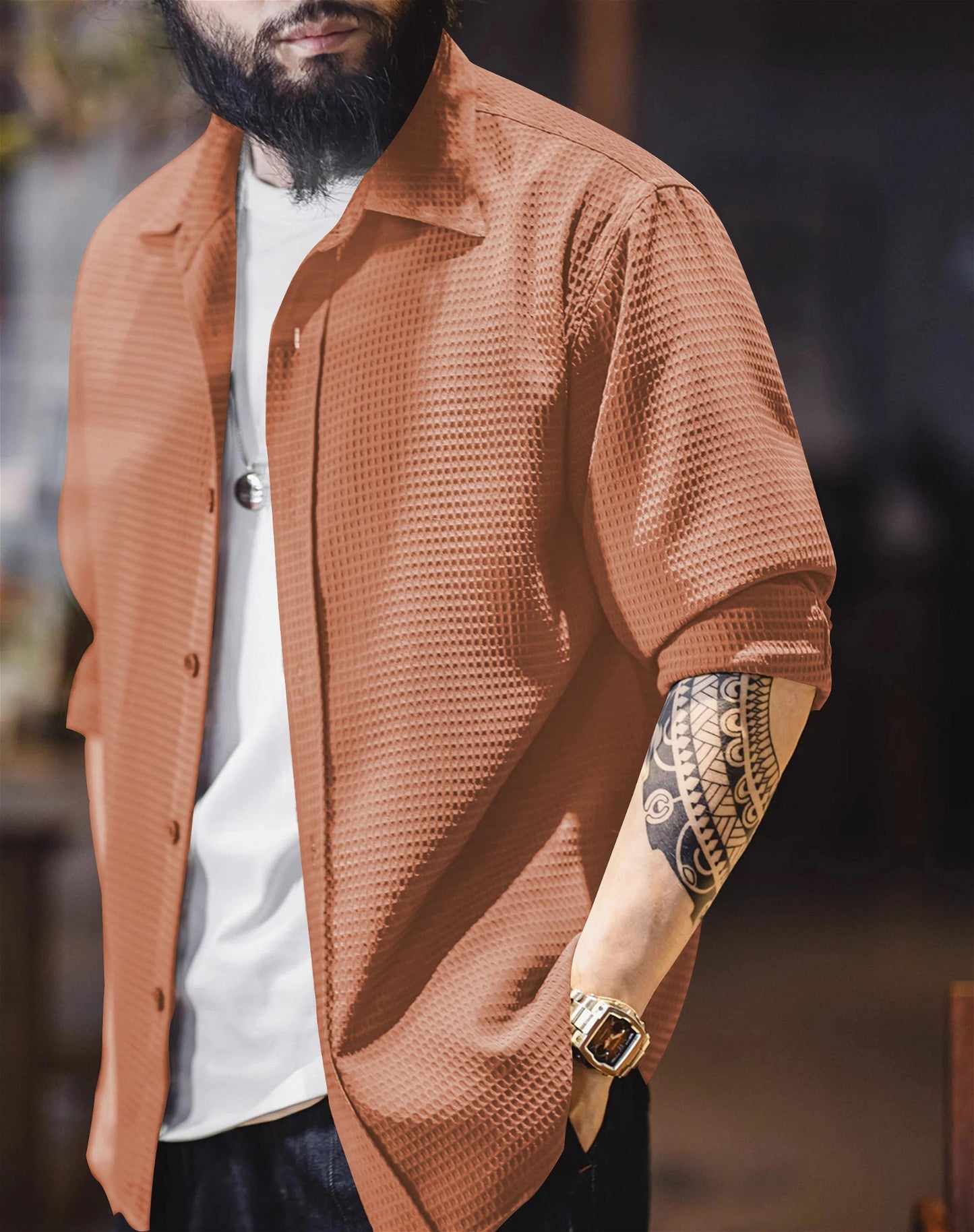 Orange  Long Sleeve Waffle Shirt