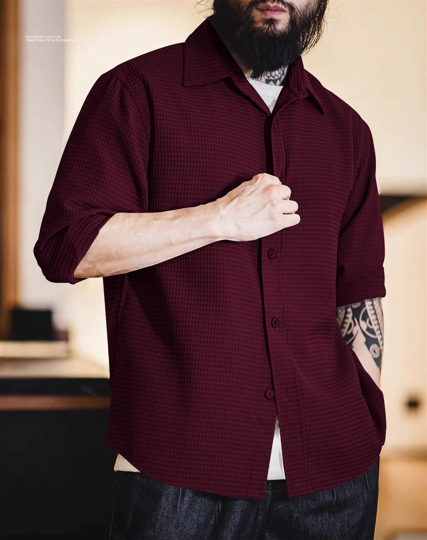 Maroon  Long Sleeve Waffle Shirt