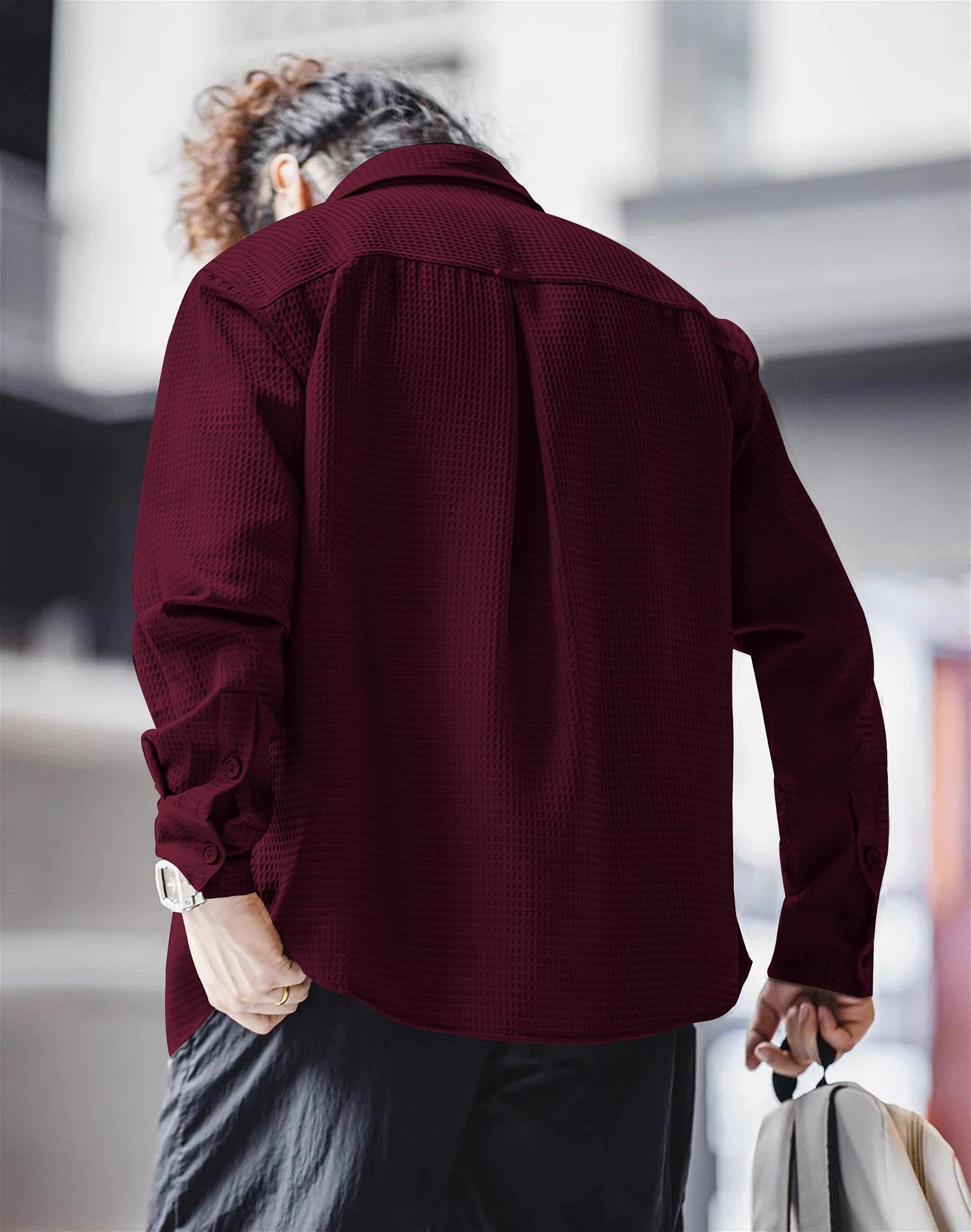 Maroon  Long Sleeve Waffle Shirt