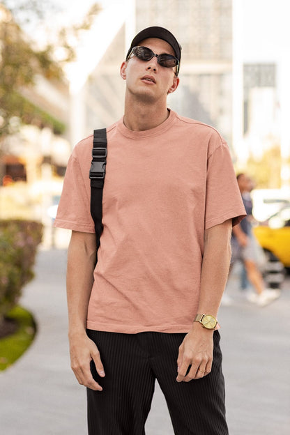 Peach Oversized Fit Crew-Neck Cotton T-Shirt for Men