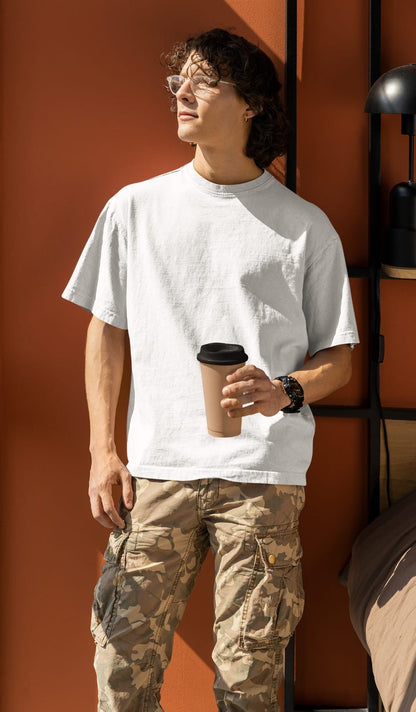 White Oversized Fit Crew-Neck Cotton T-Shirt for Men