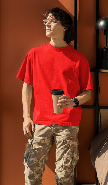 Red Oversized Fit Crew-Neck Cotton T-Shirt for Men