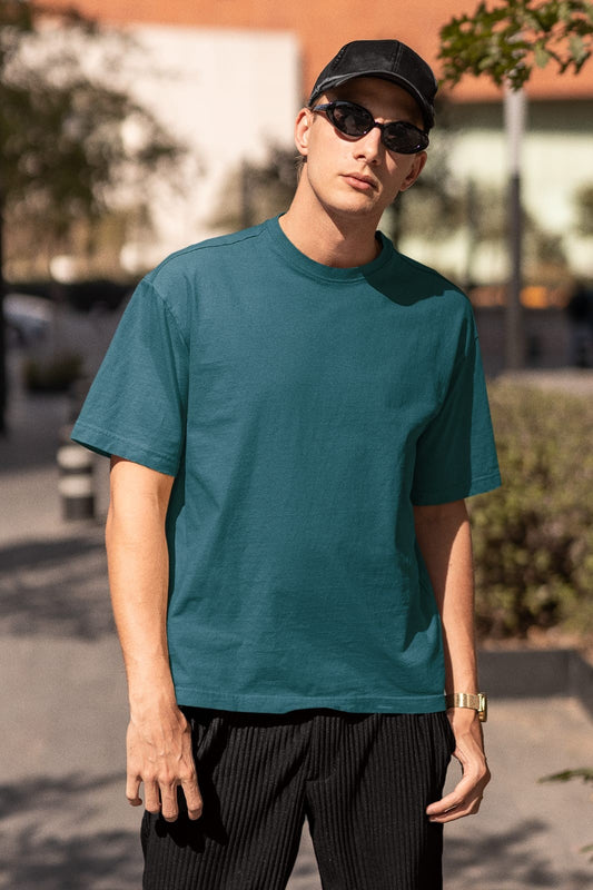 Teal Blue Oversized Fit Crew-Neck Cotton T-Shirt for Men