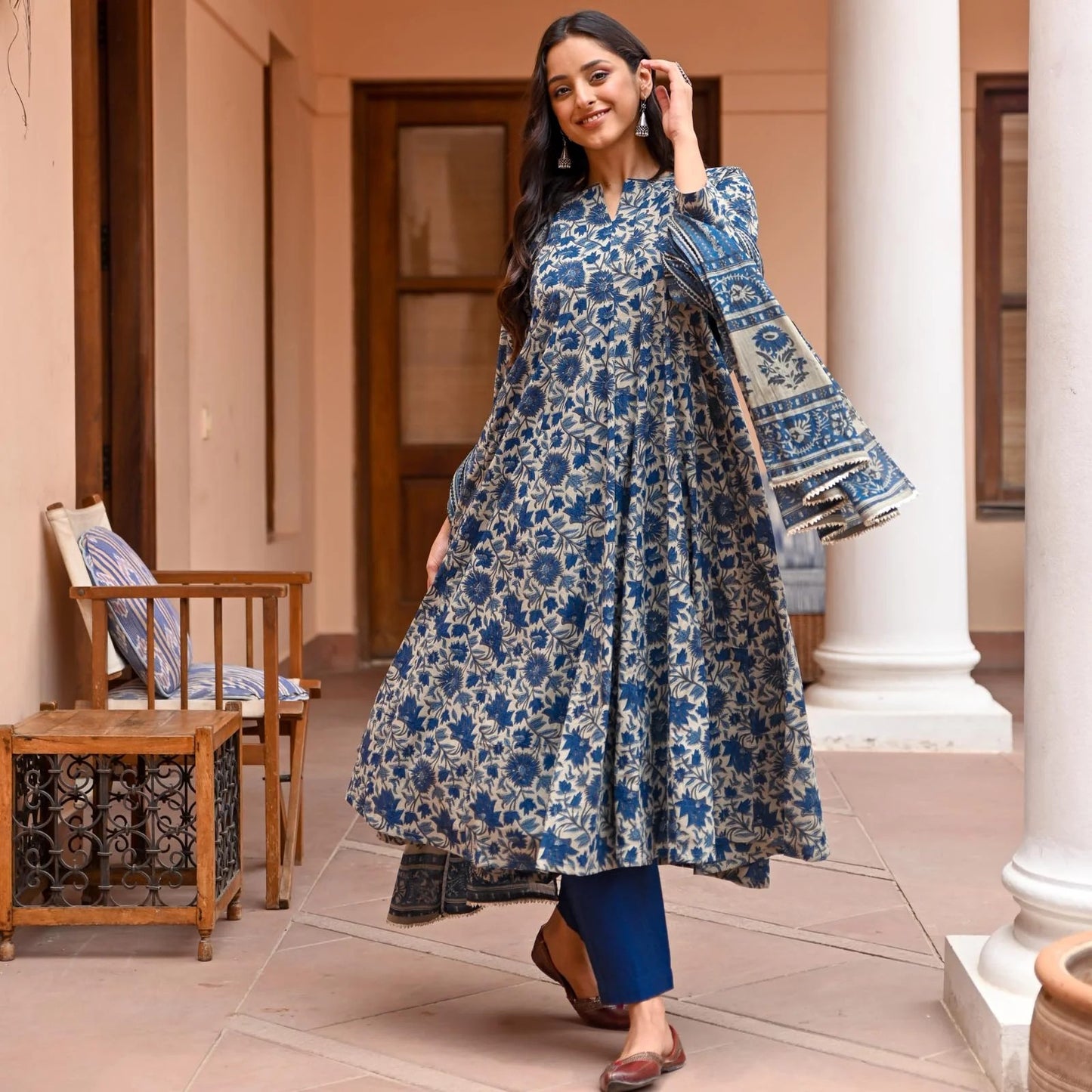 Blue Floral Anarkali Kurta Set For Women