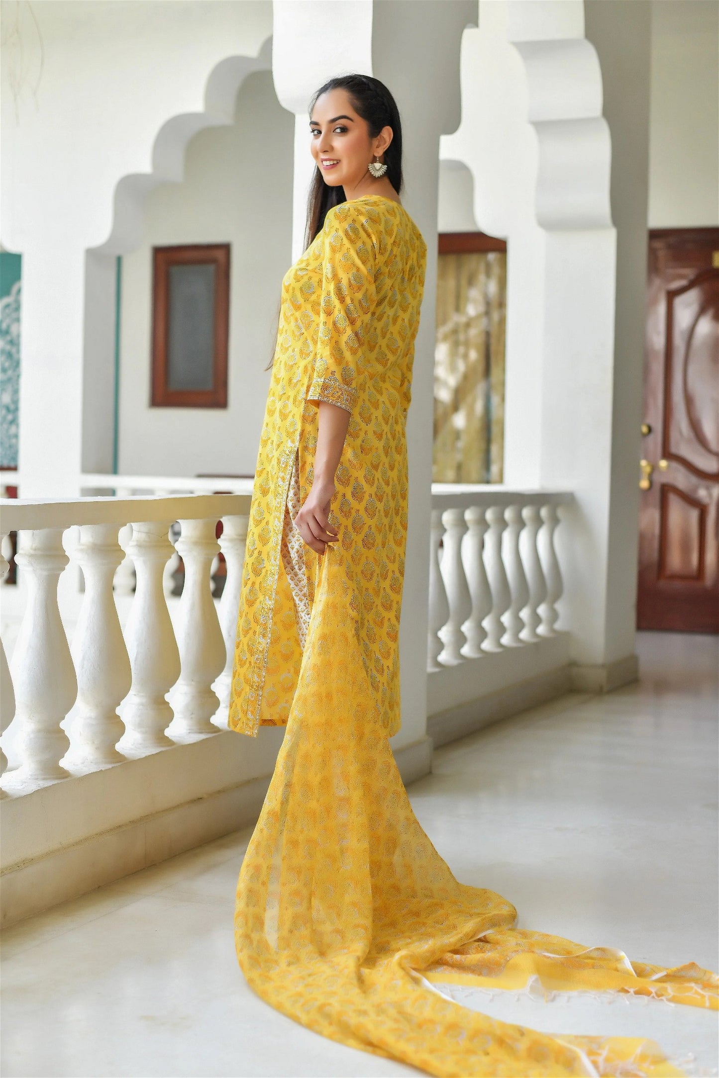 Yellow Printed Straight Kurta and Pant Set with Dupatta