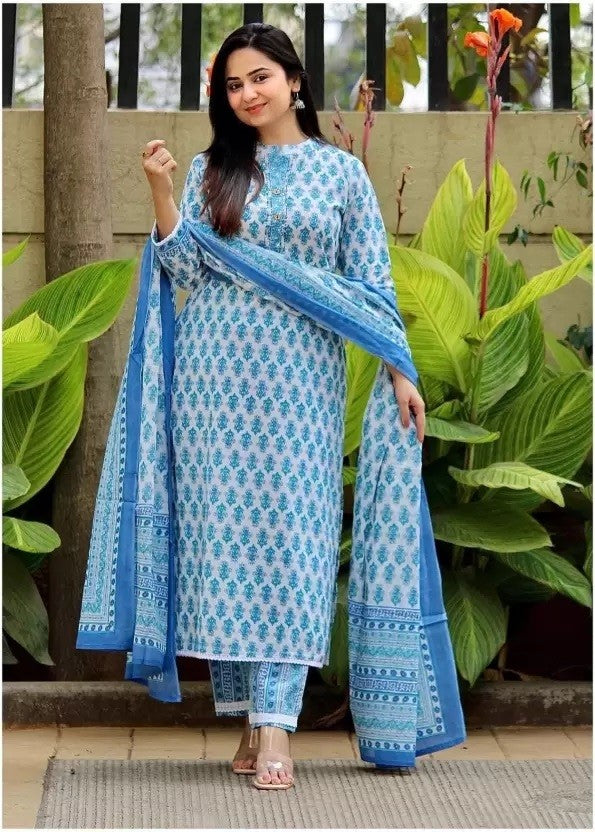 Women Pure Cotton Kurta Pant Dupatta Set