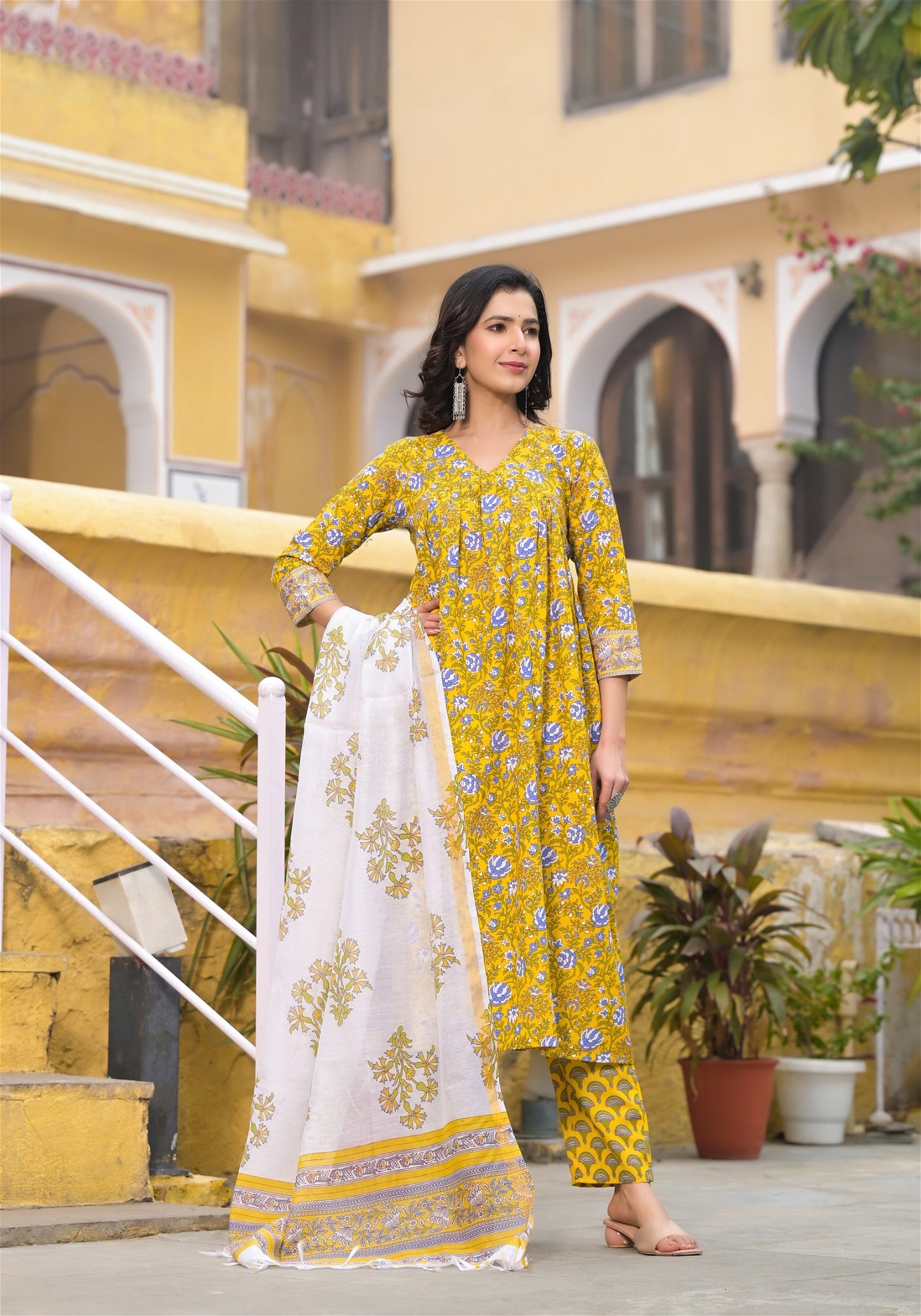 Block Printed Kurta and Pant Set with Dupatta in Yellow Color for Women