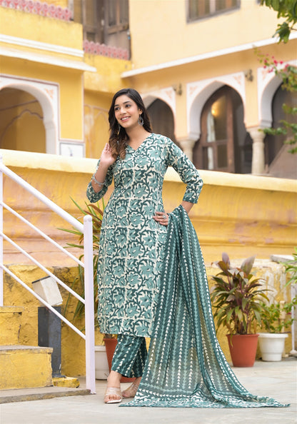 Women Straight Block Printed Kurta and Pant Set with Dupatta in Beautiful Color