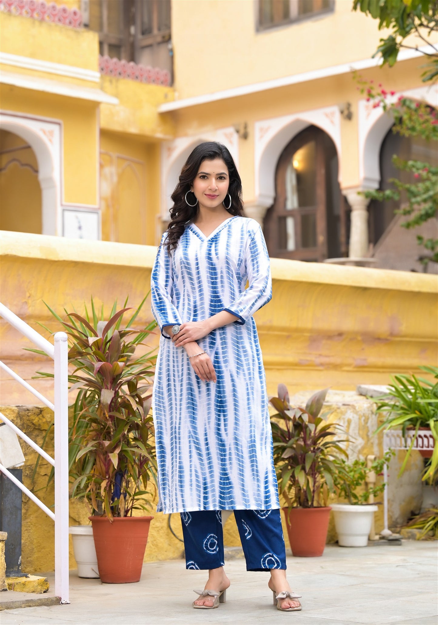 White and Blue Color Tie Die printed Kurta set with Bottom and Dupatta