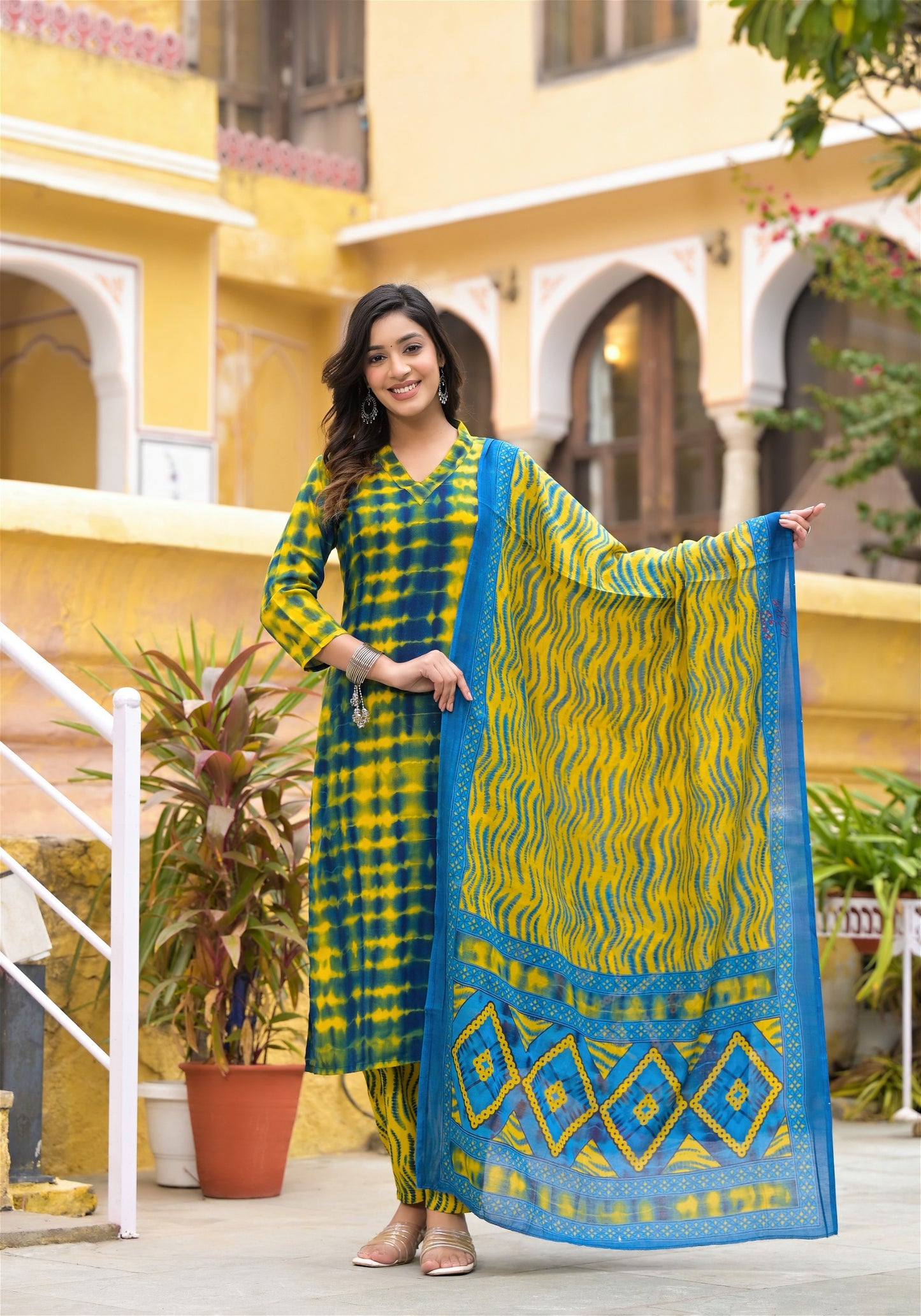 Simple and Beautiful Tie Die Printed Kurta Set with Bottom and Dupatta