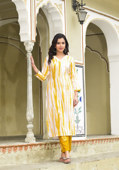 Yellow and White Tie Die printed Kurta Set with Bottom and Dupatta