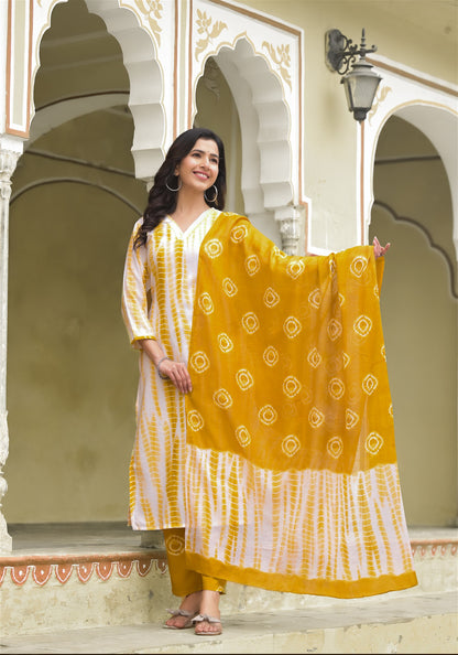 Yellow and White Tie Die printed Kurta Set with Bottom and Dupatta