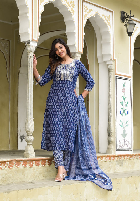 Simple and Designer Kurta set with Bottom and Dupatta in Blue Color