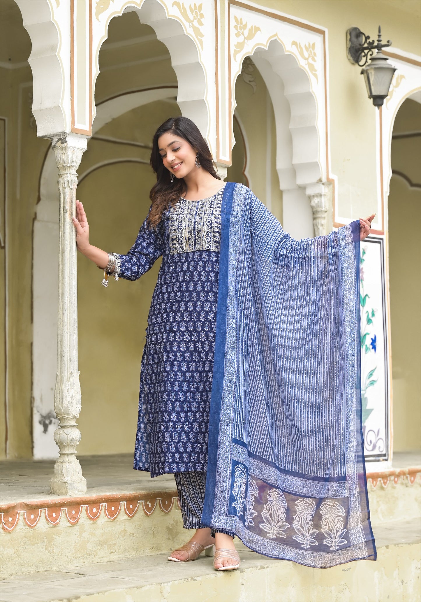 Simple and Designer Kurta set with Bottom and Dupatta in Blue Color