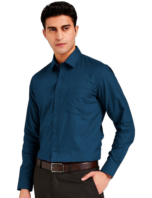 Men Regular Fit Solid Button Down Teal Blue Satin Formal Shirt