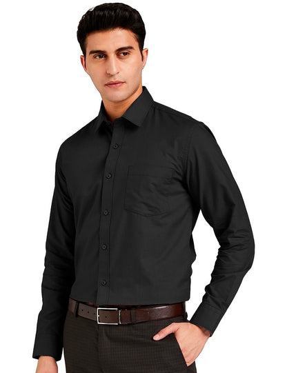 Men Regular Fit Solid Button Down Black Satin Formal Shirt