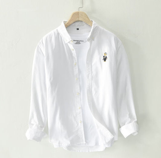 White Cotton Solid Color Casual Long Sleeved Shirt