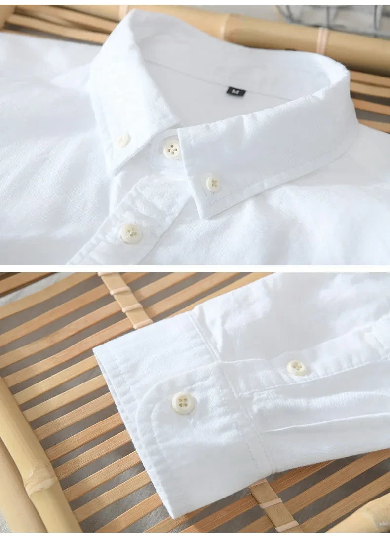 White Cotton Solid Color Casual Long Sleeved Shirt