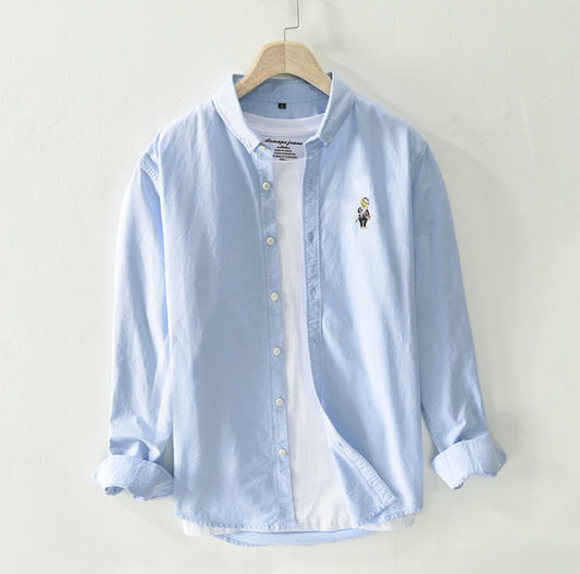 Sky Blue Cotton Solid Color Casual Long Sleeved Shirt