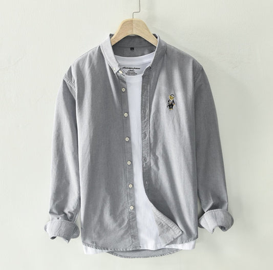 Grey Cotton Solid Color Casual Long Sleeved Shirt