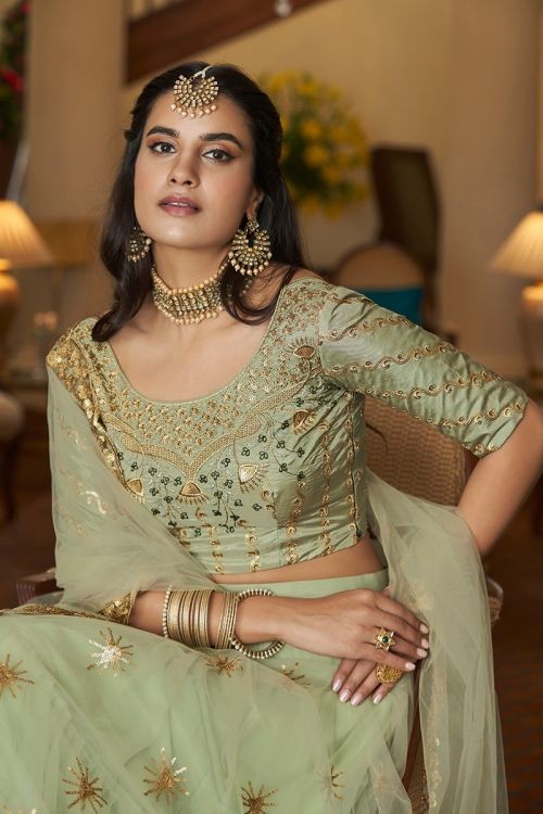 light green lehenga with heavy net with net dupatta