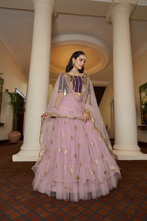 Beetroute & pink combination heavy net lehenga with net dupatta