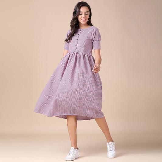 Women's Round Neck Cotton Knee Length Fit And Flare Dress