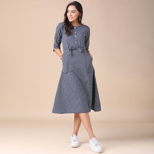 Women's Round Neck Cotton Knee Length Fit And Flare Dress