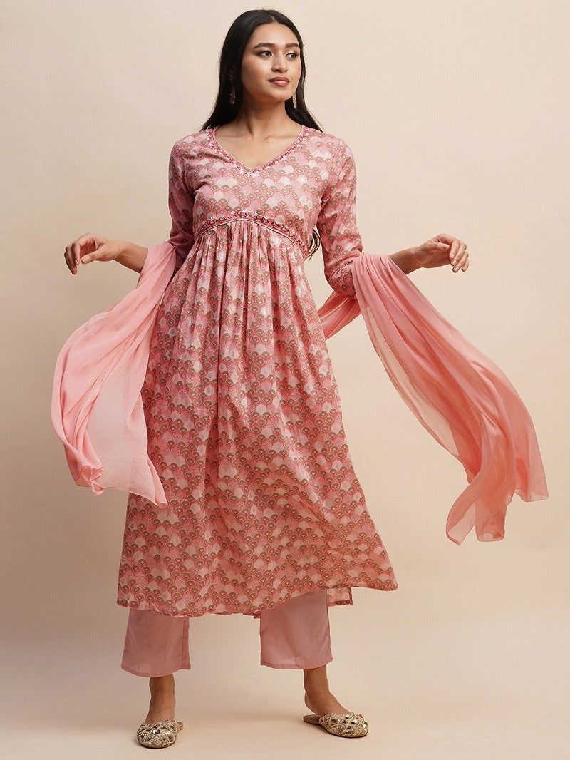 Peach colour Printed cotton kurti pant with dupatta