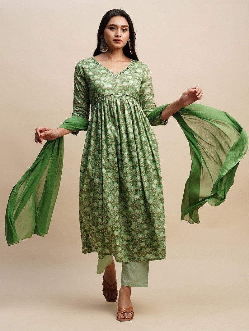 Green Printed cotton kurti pant with dupatta