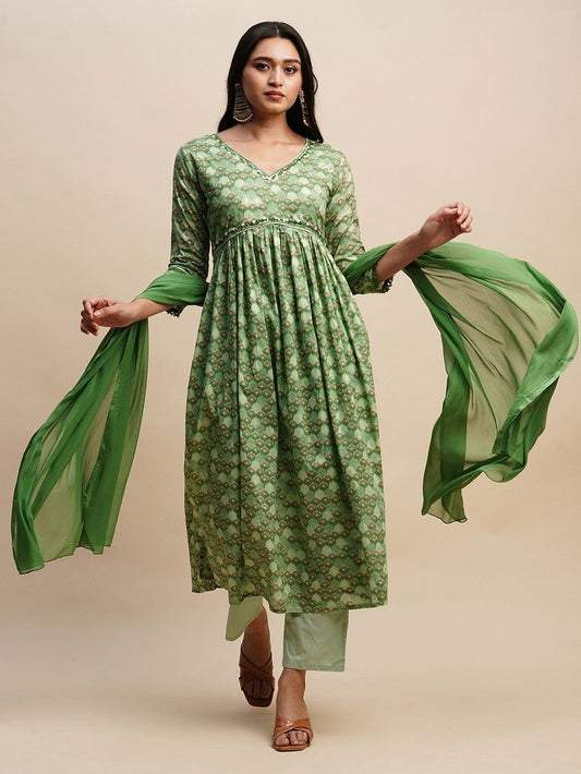 Green Printed cotton kurti pant with dupatta