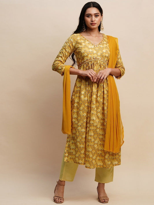 Yellow printed cotton kurti pant with dupatta