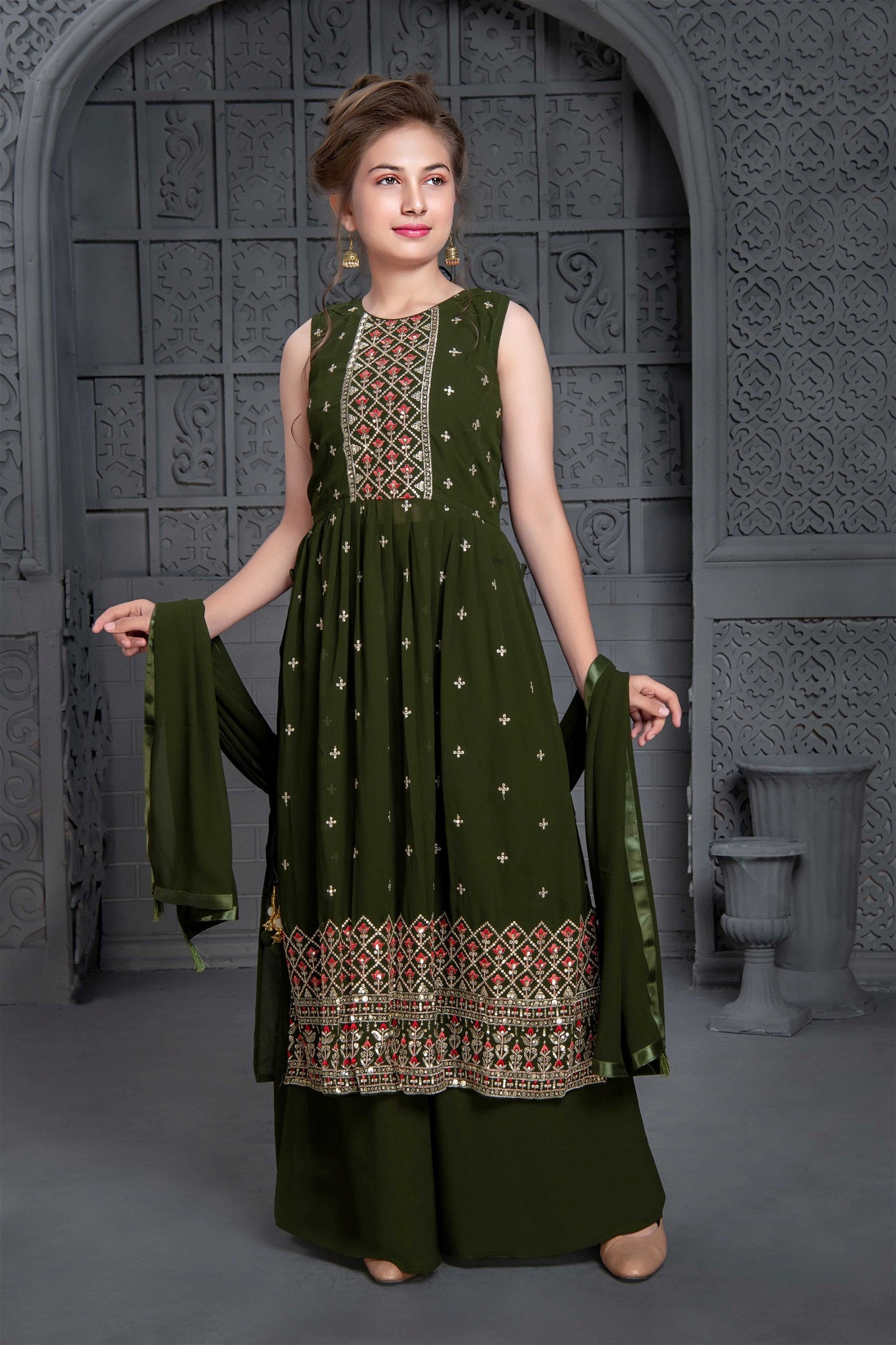 Mehendi Color Wedding Designer Georgette Naira cut salwar suit For Kids/Girls