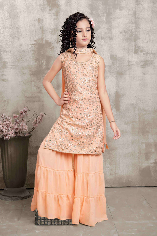 Party Wear Peach Colour Faux Georgette Sequence Work Kids Sharara Suit 1002A