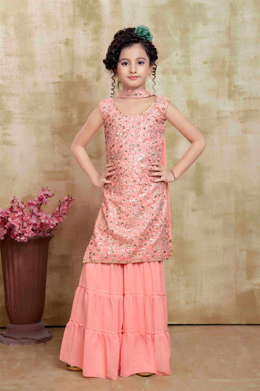 Party Wear Pink Colour Faux Georgette Sequence Work Kids Sharara Suit 1002C