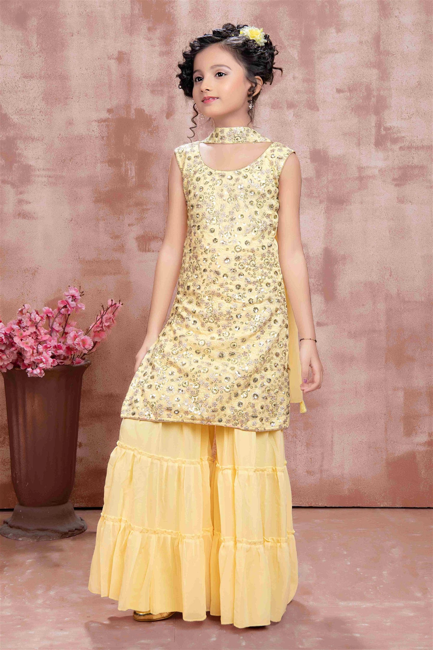 Party Wear Yellow Colour Faux Georgette Sequence Work Kids Sharara Suit 1002D