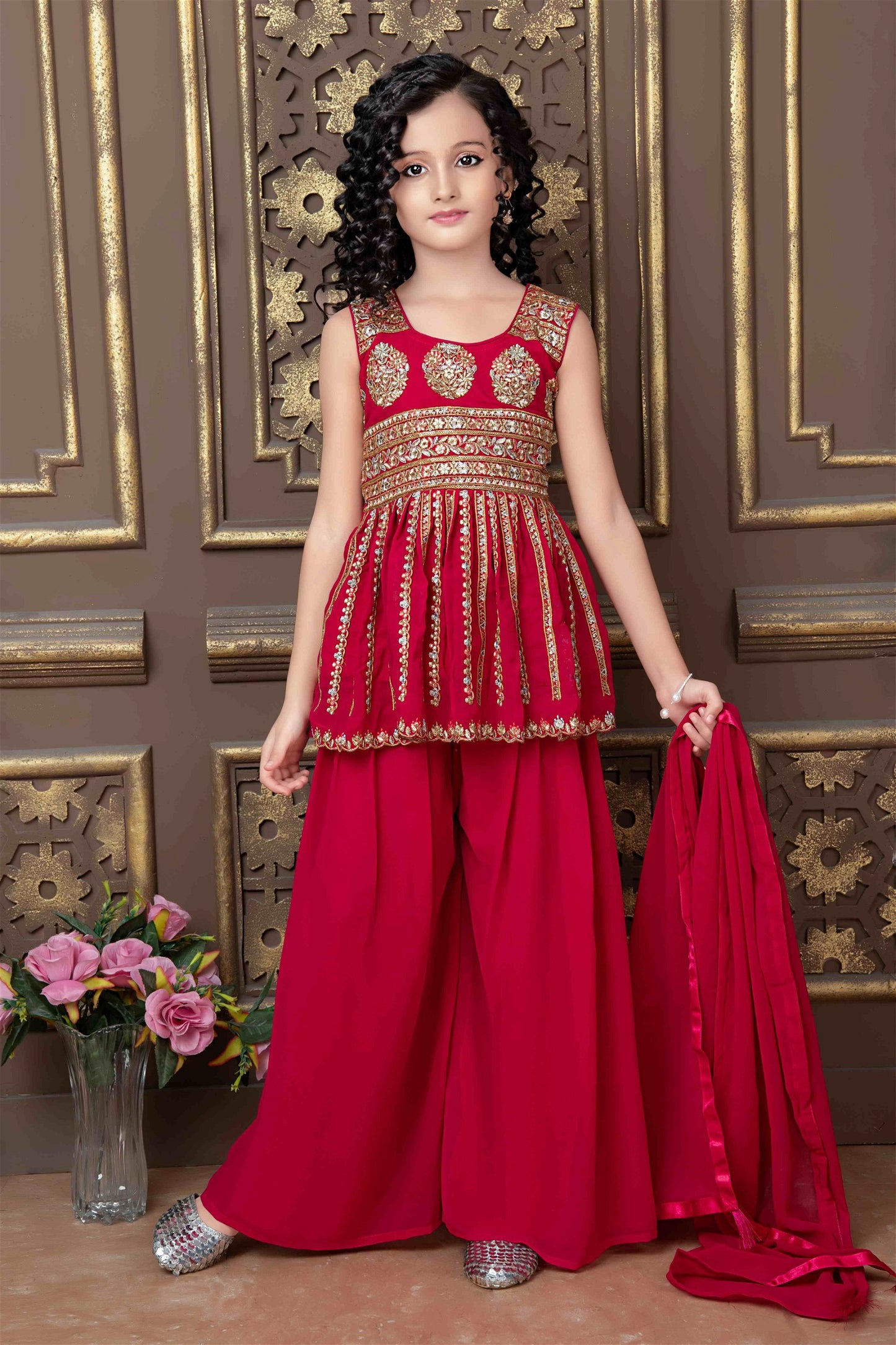 Red Georgette Kids Sarara Kameez 1004D