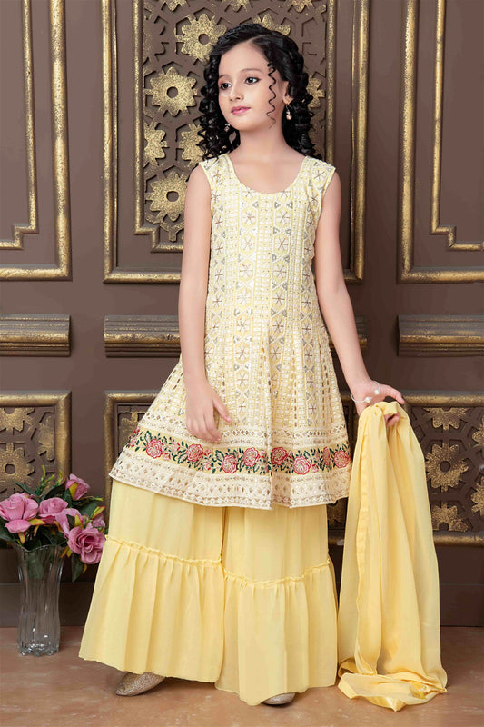 Yellow Colored Designer Sharara Suit For Kids 1005D