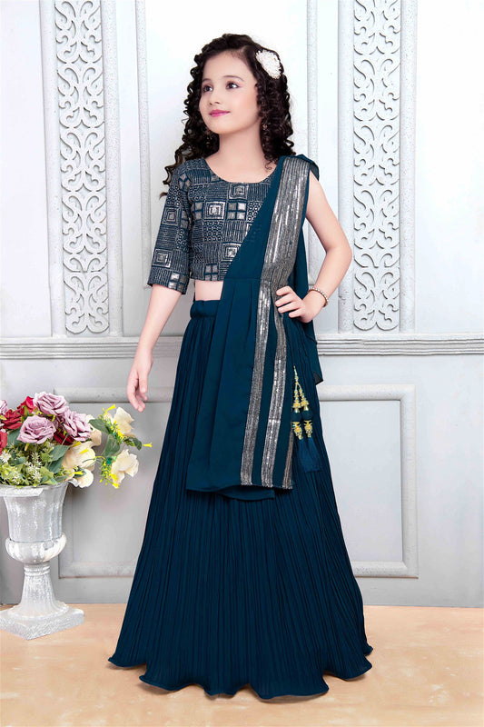 Alluring Georgette Navy Blue Kids Lehenga Choli 635B