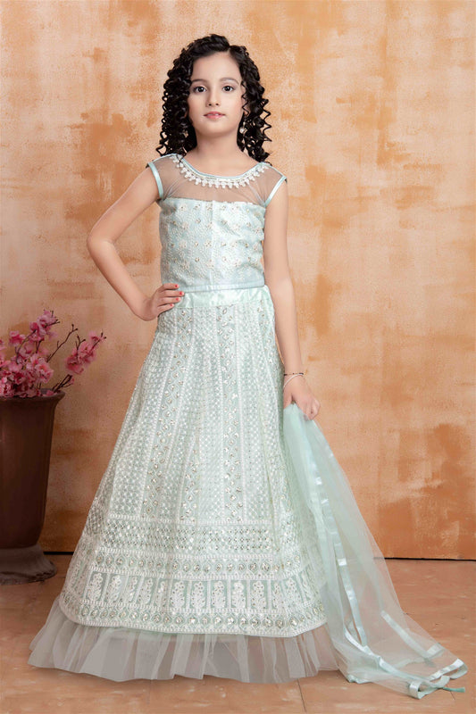 Pista Green Net Thread Embroidery And Sequins Work Lehenga Choli 612A