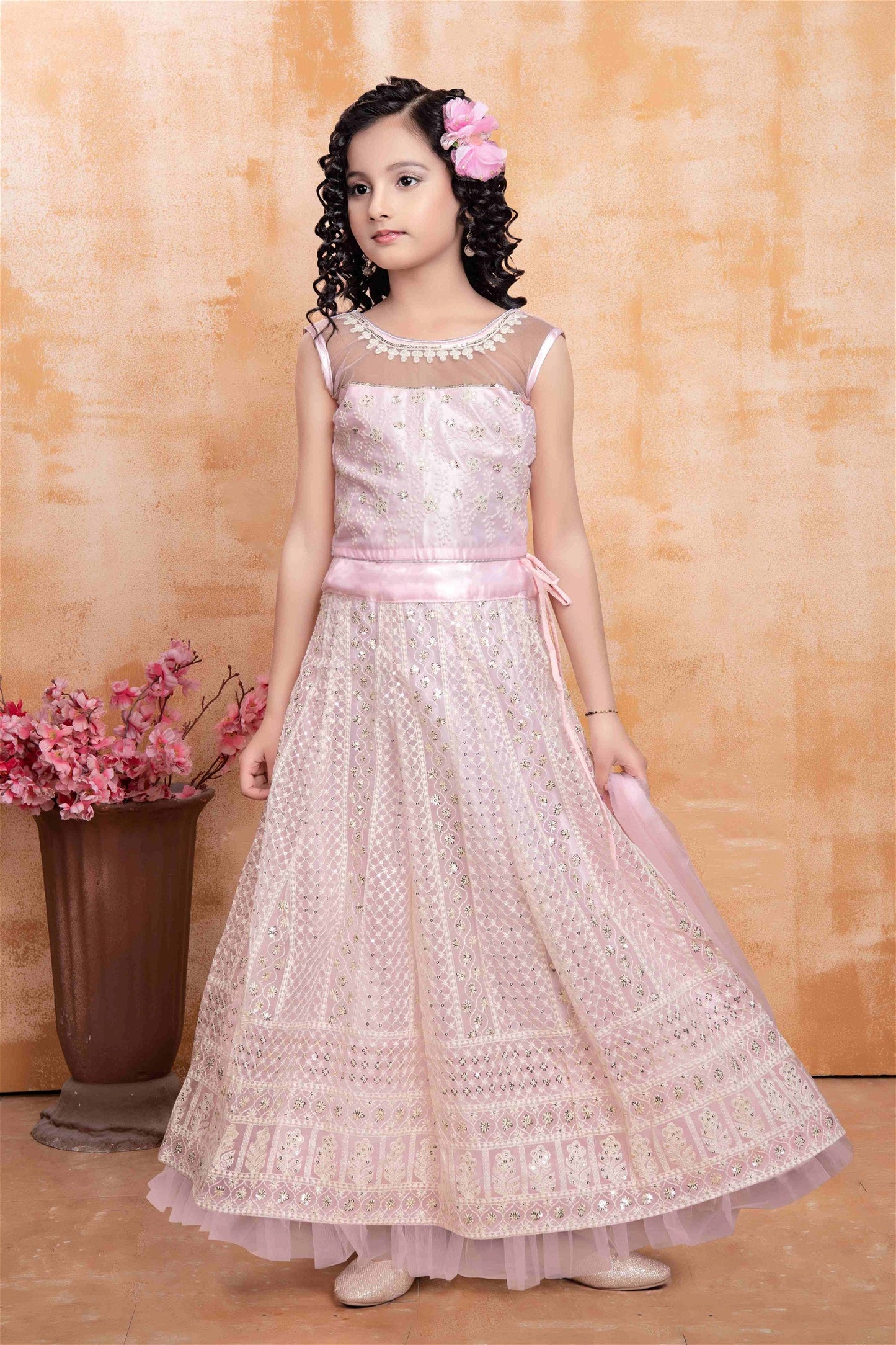 Pink Net Thread Embroidery And Sequins Work Lehenga Choli 612B