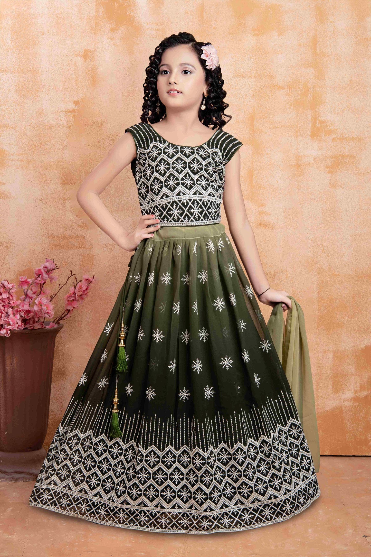 Georgette Lakhnavi Work Lehenga Choli In Green Colour 621C