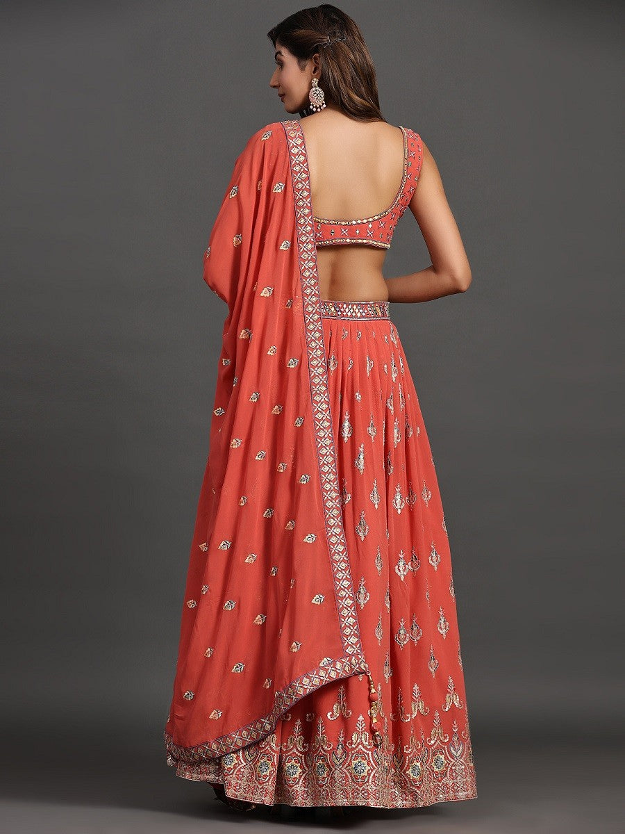 Coral Georgette Party Look Elegant Lehenga Choli