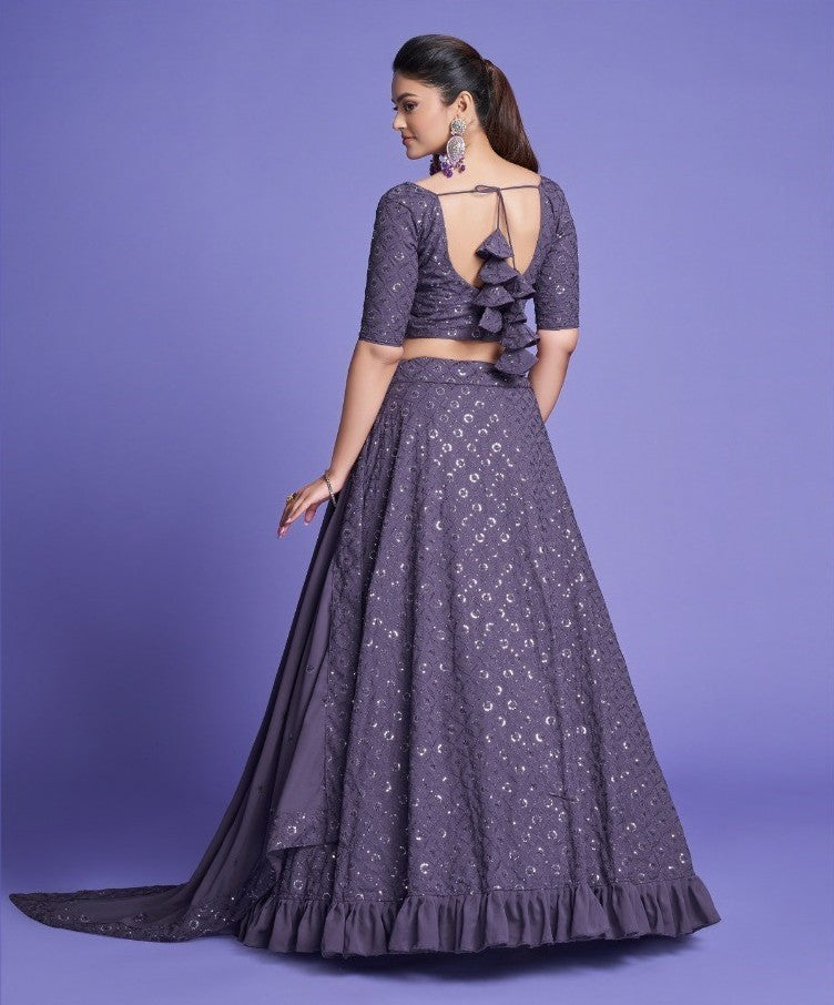 Mauve Purple Diamond Georgette Thread Worked Lehenga