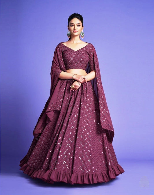 Rose Wood Diamond Georgette Thread Worked Lehenga