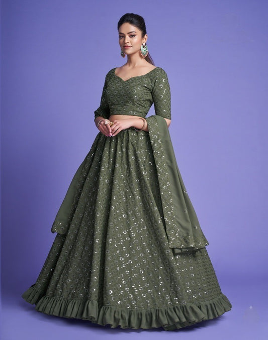 Mahendi Green Diamond Georgette Thread Worked Lehenga