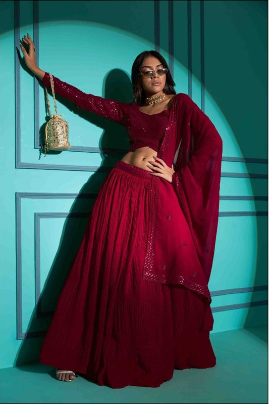 Red Plitting Pattern Stylish Lehenga