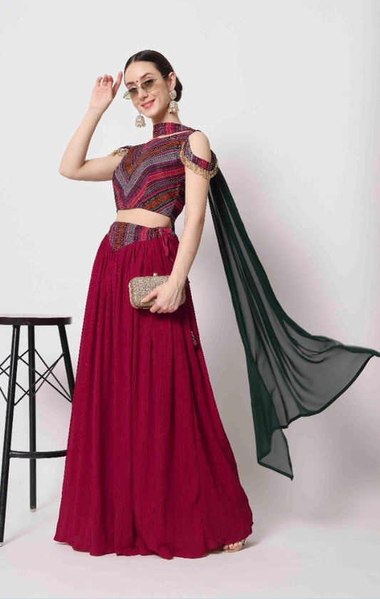 Deep Pink Crush Pattern Party Wear Lehenga