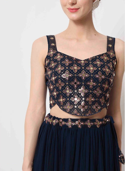 Navy Blue Crush Pattern Party Wear Lehenga