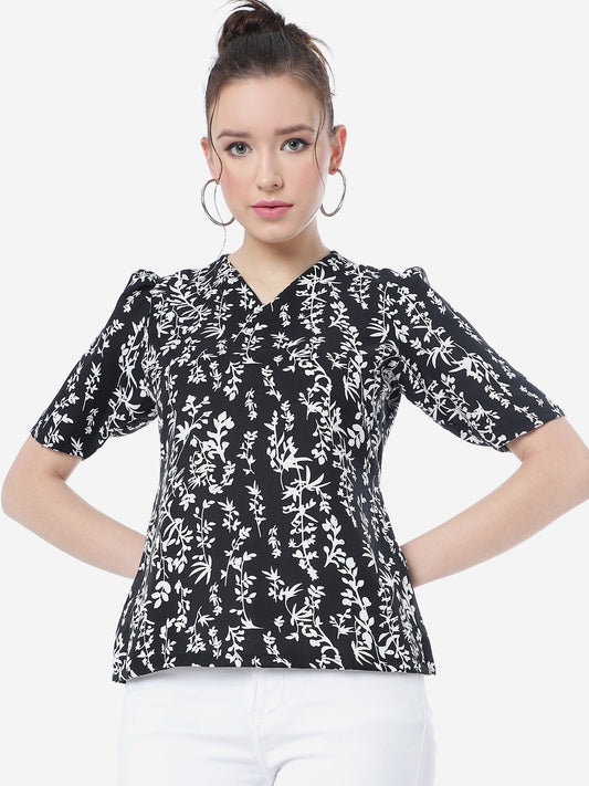 Black And White Floral Velly Casual Top